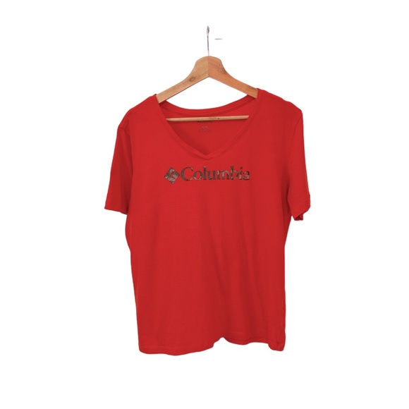COLUMBIA V Neck Heathered Poppy Short Sleeve Tee - Picture 1 of 8
